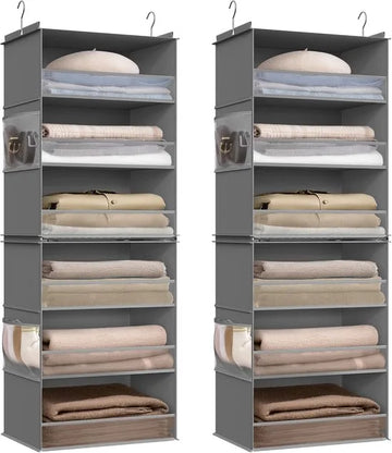 Furnstar Hangorganizer 2-delige set - Kast organizer -Hangrek - Verdeelbaar - Hangopslag - Opvouwbaar en ruimtebesparend - Metalen haken - Bamboe inzetstukken - Duifgrijs