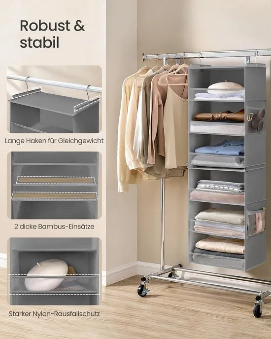 Furnstar Hangorganizer 2-delige set - Kast organizer -Hangrek - Verdeelbaar - Hangopslag - Opvouwbaar en ruimtebesparend - Metalen haken - Bamboe inzetstukken - Duifgrijs