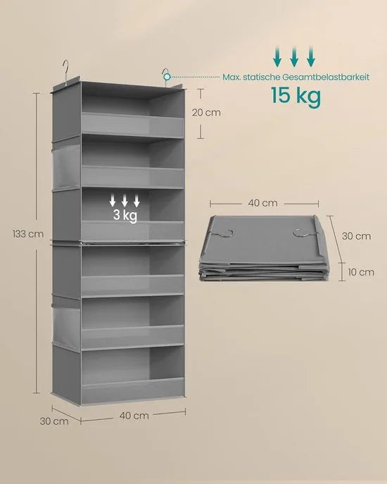 Furnstar Hangorganizer 2-delige set - Kast organizer -Hangrek - Verdeelbaar - Hangopslag - Opvouwbaar en ruimtebesparend - Metalen haken - Bamboe inzetstukken - Duifgrijs