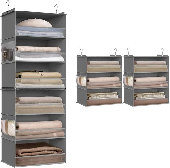 Furnstar Hangorganizer - Kast organizer -Hangrek - Verdeelbaar - Hangopslag - Opvouwbaar en ruimtebesparend - Metalen haken - Bamboe inzetstukken - Wolkenwit – Duifgrijs