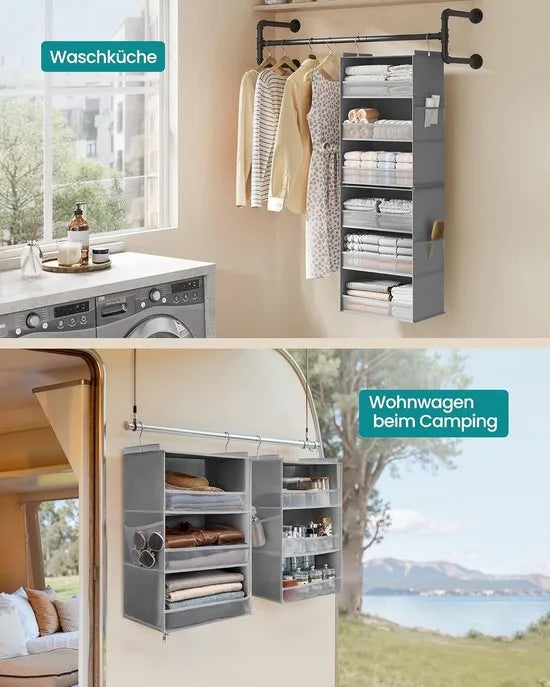 Furnstar Hangorganizer - Kast organizer -Hangrek - Verdeelbaar - Hangopslag - Opvouwbaar en ruimtebesparend - Metalen haken - Bamboe inzetstukken - Wolkenwit – Duifgrijs