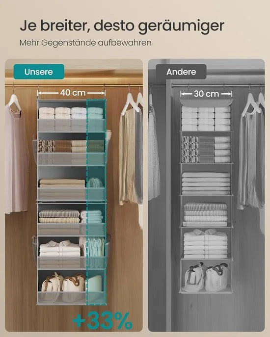Furnstar Hangorganizer - Kast organizer -Hangrek - Verdeelbaar - Hangopslag - Opvouwbaar en ruimtebesparend - Metalen haken - Bamboe inzetstukken - Wolkenwit – Duifgrijs