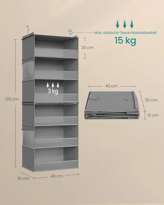 Furnstar Hangorganizer - Kast organizer -Hangrek - Verdeelbaar - Hangopslag - Opvouwbaar en ruimtebesparend - Metalen haken - Bamboe inzetstukken - Wolkenwit – Duifgrijs
