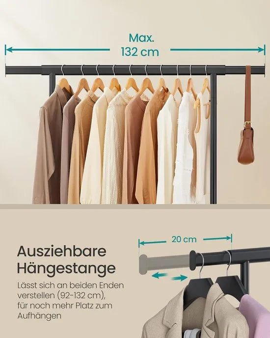 FurnStar Heavy Duty Kledingrek op Wieltjes – Zwart – Uittrekbare Kledingstang – Tot 100 kg Belastbaar