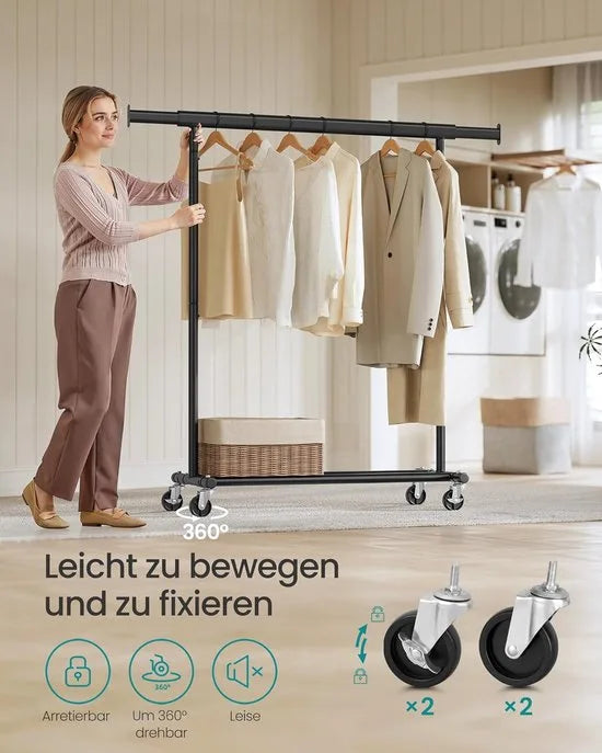 FurnStar Heavy Duty Kledingrek op Wieltjes – Zwart – Uittrekbare Kledingstang – Tot 100 kg Belastbaar
