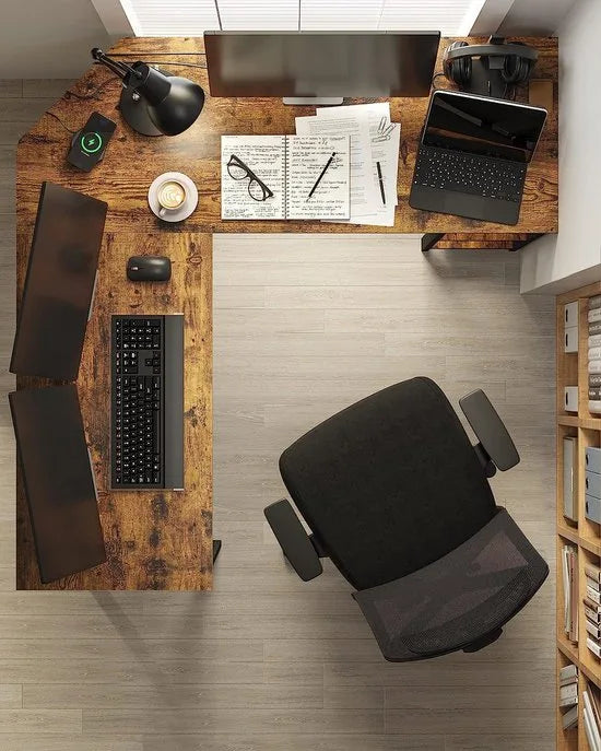 FurnStar - Hoekbureau - L-vormig computerbureau - Met 2 planken - Ruimtebesparend - Eenvoudige montage - Gaming- Thuiskantoor - 138x138x76 cm - Bruin-Zwart