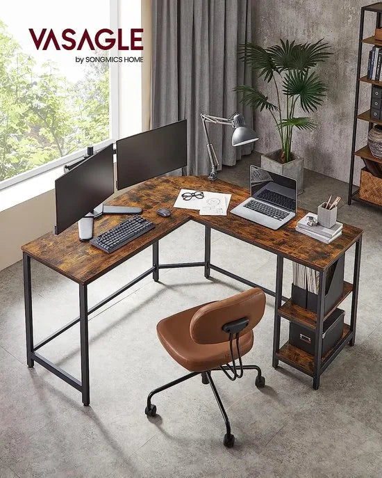 FurnStar - Hoekbureau - L-vormig computerbureau - Met 2 planken - Ruimtebesparend - Eenvoudige montage - Gaming- Thuiskantoor - 138x138x76 cm - Bruin-Zwart