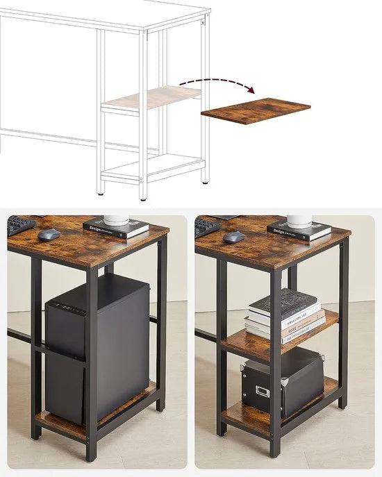 FurnStar - Hoekbureau - L-vormig computerbureau - Met 2 planken - Ruimtebesparend - Eenvoudige montage - Gaming- Thuiskantoor - 138x138x76 cm - Bruin-Zwart