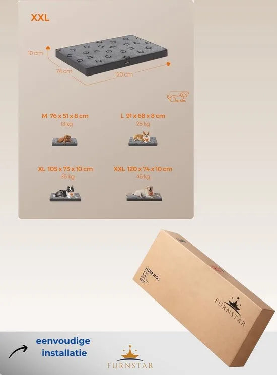 FurnStar - Hondenbed - Hondenkussen - Wasbaar - Hondenmat - Afneembaar - Waterdicht - 120 x 74 x 10 cm - XXL - Voor Grote Honden - Duifgrijs
