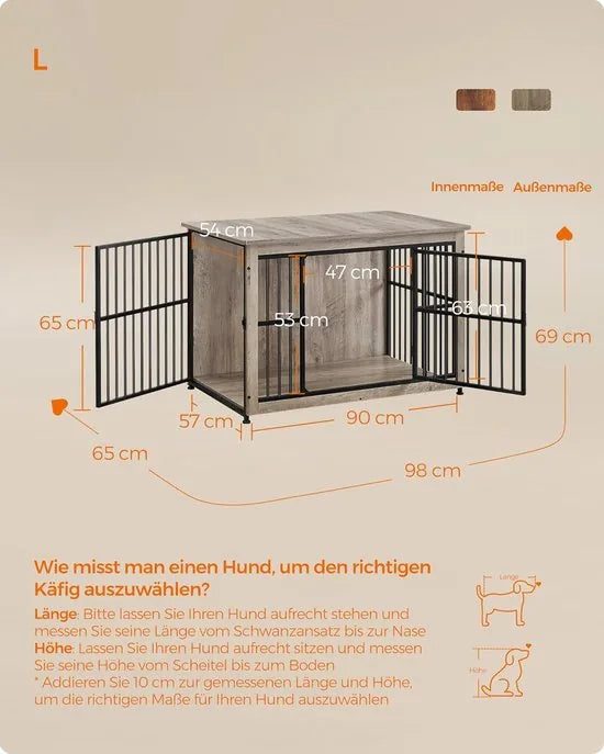FurnStar - Hondenkooi - meubel - bijzettafel - hondenbox - modern hondenhok voor binnen voor honden tot 32 kg - zeer belastbaar - gesloten bodem - hondenhuis - 2 deuren - 98 x 65 x 69 cm - grijs gemêleerd