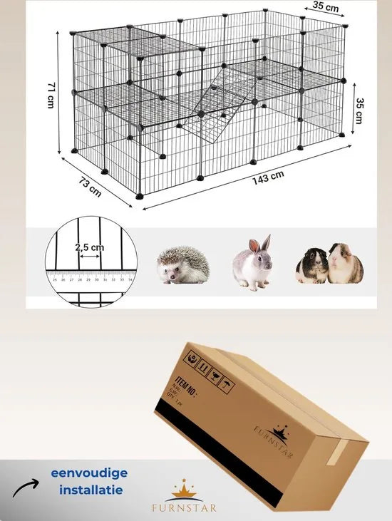 FurnStar - Huisdierverblijf - LPI02H - 2 niveaus - Modulaire verblijfplaats voor kleine dieren - Hamsters - Konijnen - Cavia's - Gaaspanelen - Binnengebruik - 143 x 73 x 71 cm - Zwart