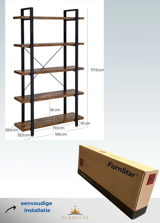 Furnstar - Industriële Boekenkast met Metalen Frame – Kast voor Slaapkamer en Woonkamer – 105 x 33,5 x 177,5 cm - Bruin/Zwart
