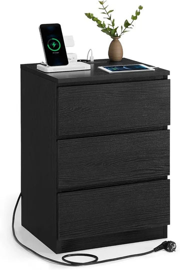 Furnstar Kailyn Collection - Nachtkastje met stekkerdoos - Bijzettafel 3 laden - 2 AC-stopcontacten - 2 USB-A-aansluitingen - Modern -Ebbenzwart