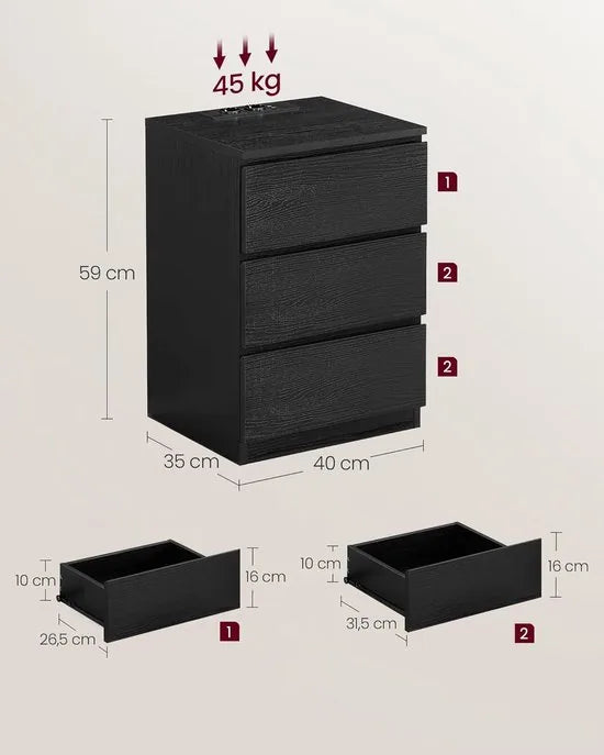 Furnstar Kailyn Collection - Nachtkastje met stekkerdoos - Bijzettafel 3 laden - 2 AC-stopcontacten - 2 USB-A-aansluitingen - Modern -Ebbenzwart