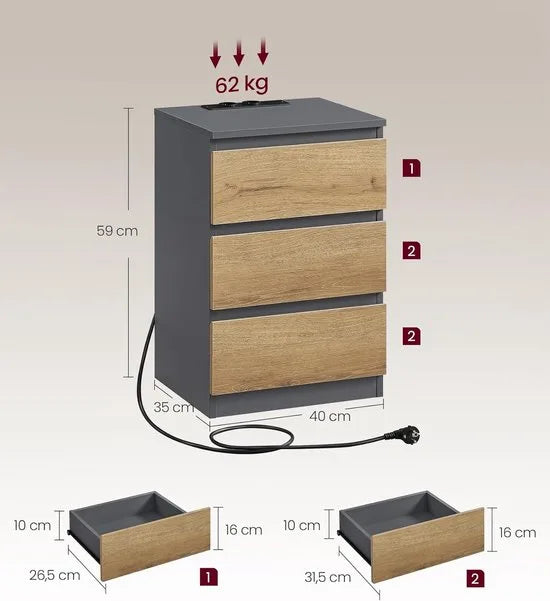 Furnstar Kailyn Collection - Nachtkastje met stekkerdoos - Bijzettafel 3 laden - 2 AC-stopcontacten - 2 USB-A-aansluitingen - Modern -Ebbenzwart – Grijs