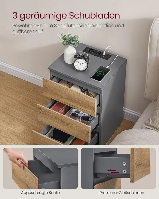 Furnstar Kailyn Collection - Nachtkastje met stekkerdoos - Bijzettafel 3 laden - 2 AC-stopcontacten - 2 USB-A-aansluitingen - Modern - Leigrijs-Natuurbruin