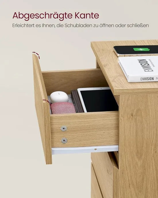 Furnstar Kailyn Collection - Nachtkastje met stekkerdoos - Bijzettafel 3 laden 2 AC- Stopcontacten - 2 USB-A- aansluitingen - Modern - Strogeel