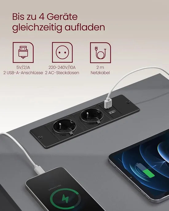 Furnstar Kailyn Collection - Nachtkastje met stekkerdoos - Bijzettafel 3 laden - 2 AC-stopcontacten - 2 USB-A-aansluitingen - Modern - Leigrijs-Natuurbruin