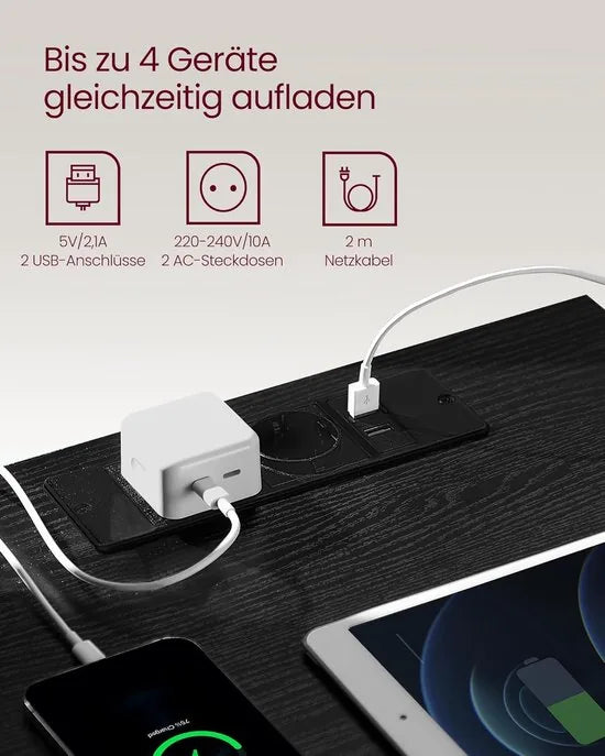 Furnstar Kailyn Collection - Nachtkastje met stekkerdoos - Bijzettafel 3 laden - 2 AC-stopcontacten - 2 USB-A-aansluitingen - Modern -Ebbenzwart