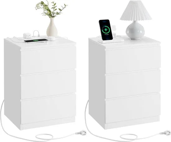 Furnstar Kailyn Collection - Nachtkastje met stekkerdoos - Bijzettafel 3 laden - 2 AC-stopcontacten - 2 USB-A-aansluitingen - Modern -Ebbenzwart – Wit