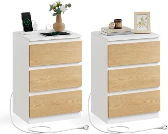 Furnstar Kailyn Collection - Nachtkastje met stekkerdoos - Bijzettafel 3 laden - 2 AC-stopcontacten - 2 USB-A-aansluitingen - Modern -Ebbenzwart – Amandel geel/wit