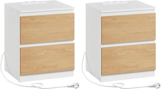 Furnstar Kailyn Collection - Nachtkastje met stekkerdoos -Set van 2 -Bijzettafel - 2 laden - 2 AC-Stopcontacten - 2 USB-A-aansluitingen - Modern- Wolkenwit – Amandel geel/wit