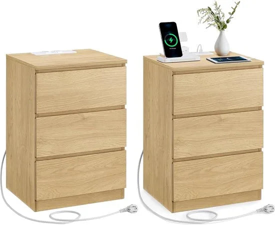 Furnstar Kailyn Collection - Nachtkastje met stekkerdoos - Bijzettafel 3 laden - 2 AC-stopcontacten - 2 USB-A-aansluitingen - Modern -Ebbenzwart – Strogeel double