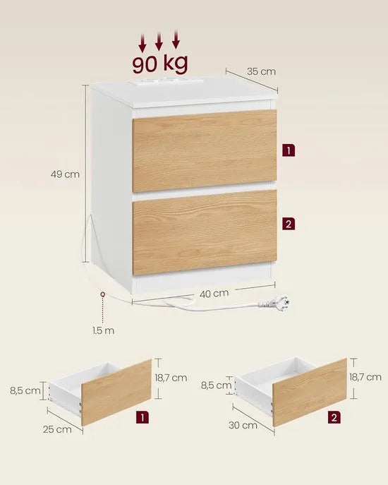 Furnstar Kailyn Collection - Nachtkastje met stekkerdoos -Set van 2 -Bijzettafel - 2 laden - 2 AC-Stopcontacten - 2 USB-A-aansluitingen - Modern- Wolkenwit – Amandel geel/wit