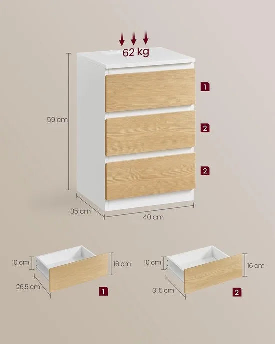 Furnstar Kailyn Collection - Nachtkastje met stekkerdoos - Bijzettafel 3 laden - 2 AC-stopcontacten - 2 USB-A-aansluitingen - Modern -Ebbenzwart – Amandel geel/wit