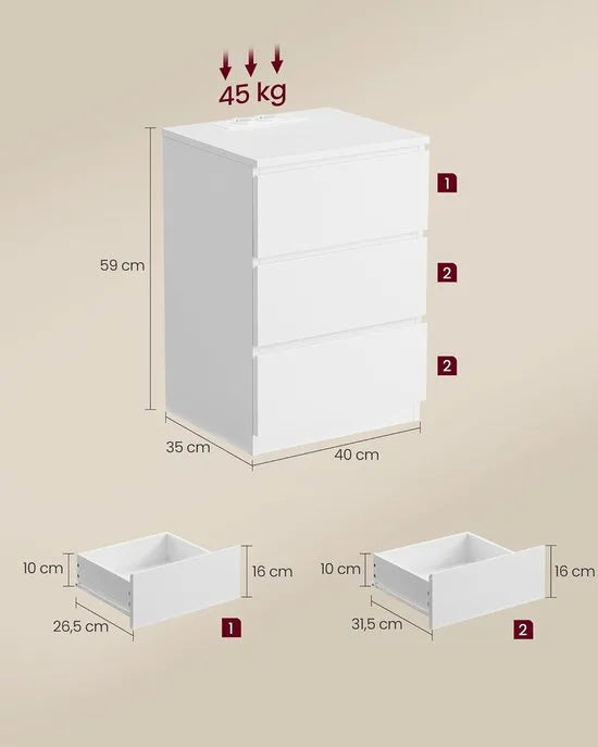 Furnstar Kailyn Collection - Nachtkastje met stekkerdoos - Bijzettafel 3 laden - 2 AC-stopcontacten - 2 USB-A-aansluitingen - Modern -Ebbenzwart – Wit