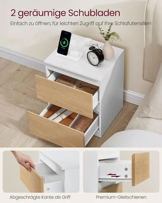 Furnstar Kailyn Collection - Nachtkastje met stekkerdoos -Set van 2 -Bijzettafel - 2 laden - 2 AC-Stopcontacten - 2 USB-A-aansluitingen - Modern- Wolkenwit – Amandel geel/wit