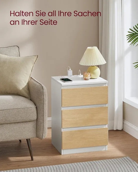 Furnstar Kailyn Collection - Nachtkastje met stekkerdoos - Bijzettafel 3 laden - 2 AC-stopcontacten - 2 USB-A-aansluitingen - Modern -Ebbenzwart – Amandel geel/wit