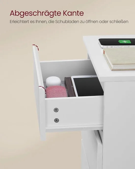Furnstar Kailyn Collection - Nachtkastje met stekkerdoos - Bijzettafel 3 laden - 2 AC-stopcontacten - 2 USB-A-aansluitingen - Modern -Ebbenzwart – Wit