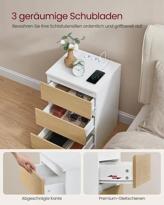 Furnstar Kailyn Collection - Nachtkastje met stekkerdoos - Bijzettafel 3 laden - 2 AC-stopcontacten - 2 USB-A-aansluitingen - Modern -Ebbenzwart – Amandel geel/wit