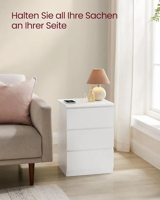 Furnstar Kailyn Collection - Nachtkastje met stekkerdoos - Bijzettafel 3 laden - 2 AC-stopcontacten - 2 USB-A-aansluitingen - Modern -Ebbenzwart – Wit