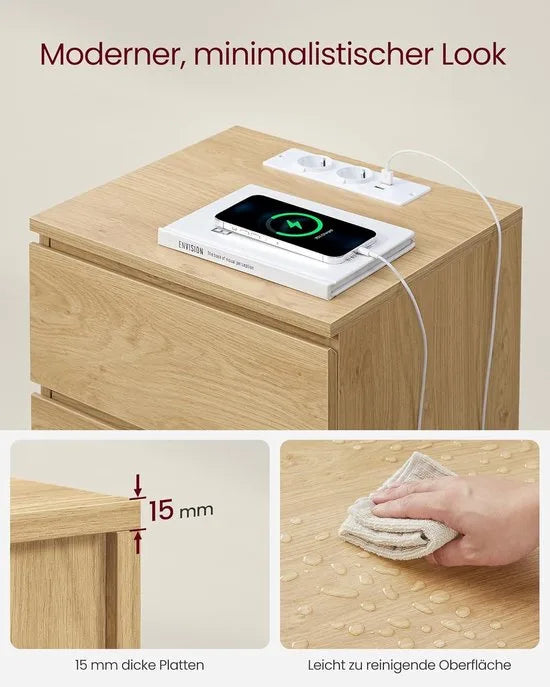 Furnstar Kailyn Collection - Nachtkastje met stekkerdoos - Bijzettafel 3 laden - 2 AC-stopcontacten - 2 USB-A-aansluitingen - Modern -Ebbenzwart – Strogeel double