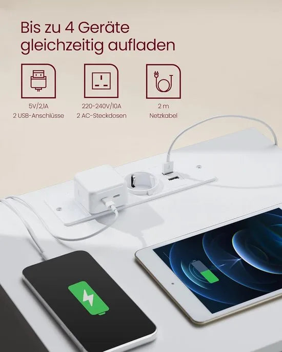 Furnstar Kailyn Collection - Nachtkastje met stekkerdoos - Bijzettafel 3 laden - 2 AC-stopcontacten - 2 USB-A-aansluitingen - Modern -Ebbenzwart – Wit