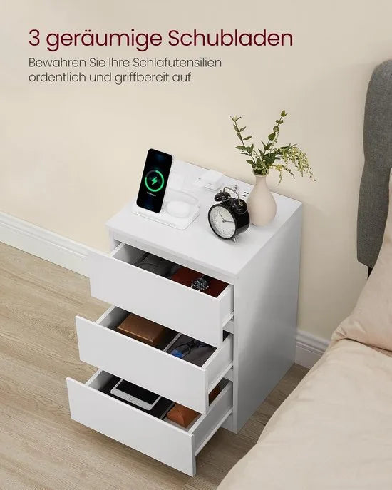 Furnstar Kailyn Collection - Nachtkastje met stekkerdoos - Bijzettafel 3 laden - 2 AC-stopcontacten - 2 USB-A-aansluitingen - Modern -Ebbenzwart – Wit