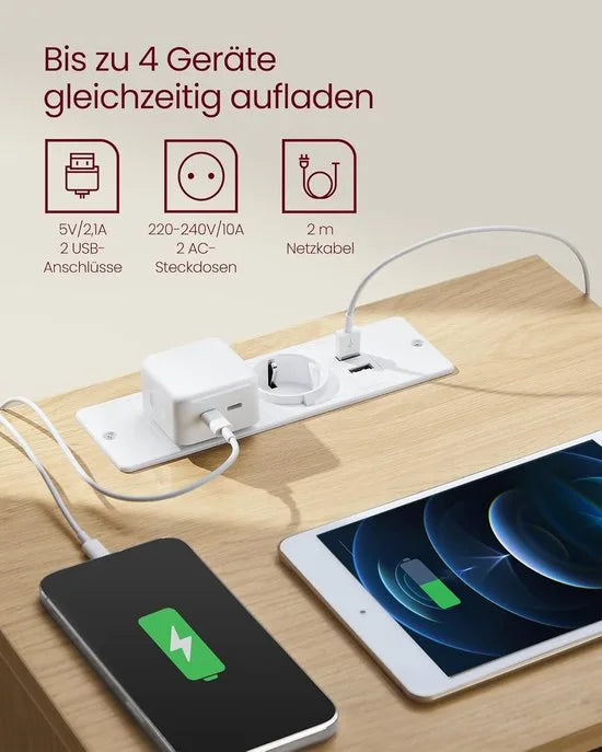 Furnstar Kailyn Collection - Nachtkastje met stekkerdoos - Bijzettafel 3 laden - 2 AC-stopcontacten - 2 USB-A-aansluitingen - Modern -Ebbenzwart – Strogeel double
