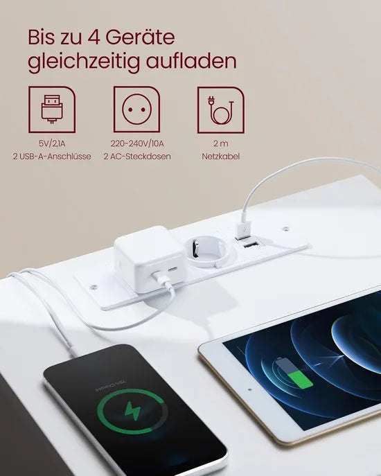 Furnstar Kailyn Collection - Nachtkastje met stekkerdoos - Bijzettafel 3 laden - 2 AC-stopcontacten - 2 USB-A-aansluitingen - Modern -Ebbenzwart – Amandel geel/wit