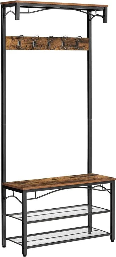 FurnStar - Kapstok - Coat Rack - Hallway Cabinet - with Top Board - Shoe Rack - Bench and 5 Double Hooks - Metal Frame - 80 x 32 x 178.8 cm - Industrial Style - Rustic Brown and Black