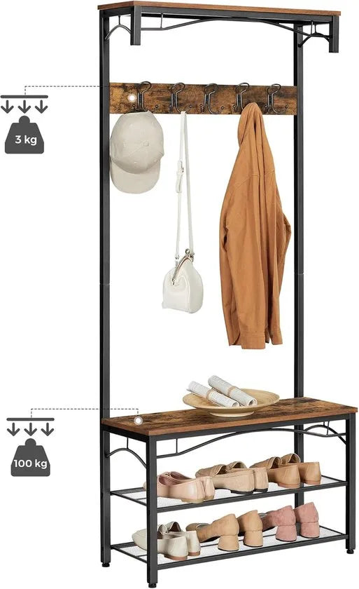 FurnStar - Kapstok - Coat Rack - Hallway Cabinet - with Top Board - Shoe Rack - Bench and 5 Double Hooks - Metal Frame - 80 x 32 x 178.8 cm - Industrial Style - Rustic Brown and Black