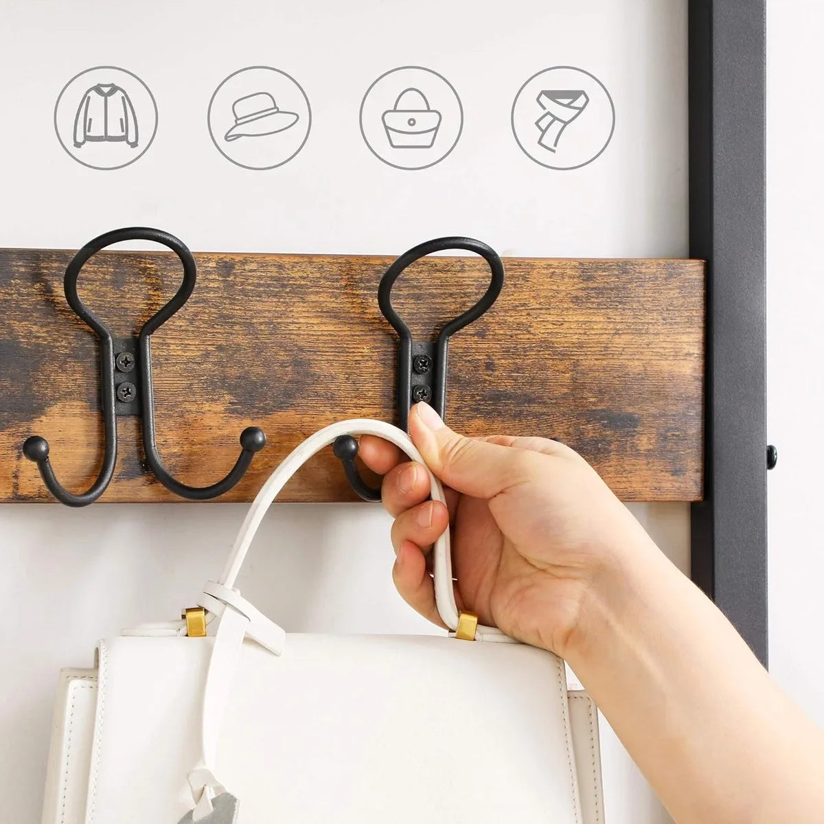 FurnStar - Kapstok - Coat Rack - Hallway Cabinet - with Top Board - Shoe Rack - Bench and 5 Double Hooks - Metal Frame - 80 x 32 x 178.8 cm - Industrial Style - Rustic Brown and Black