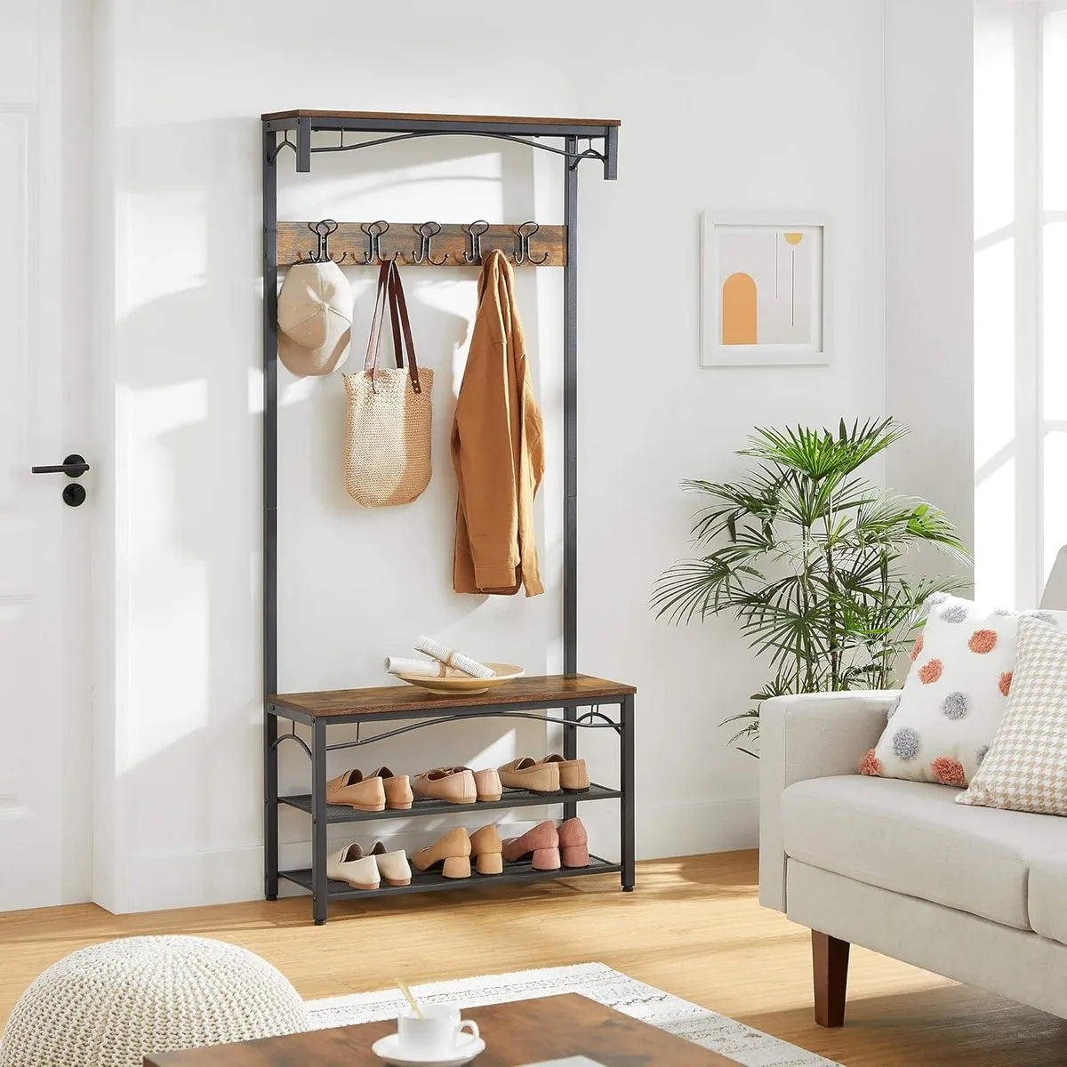 FurnStar - Kapstok - Coat Rack - Hallway Cabinet - with Top Board - Shoe Rack - Bench and 5 Double Hooks - Metal Frame - 80 x 32 x 178.8 cm - Industrial Style - Rustic Brown and Black