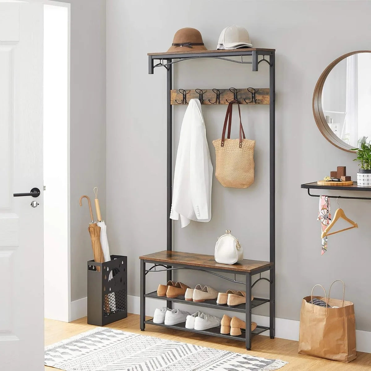 FurnStar - Kapstok - Coat Rack - Hallway Cabinet - with Top Board - Shoe Rack - Bench and 5 Double Hooks - Metal Frame - 80 x 32 x 178.8 cm - Industrial Style - Rustic Brown and Black