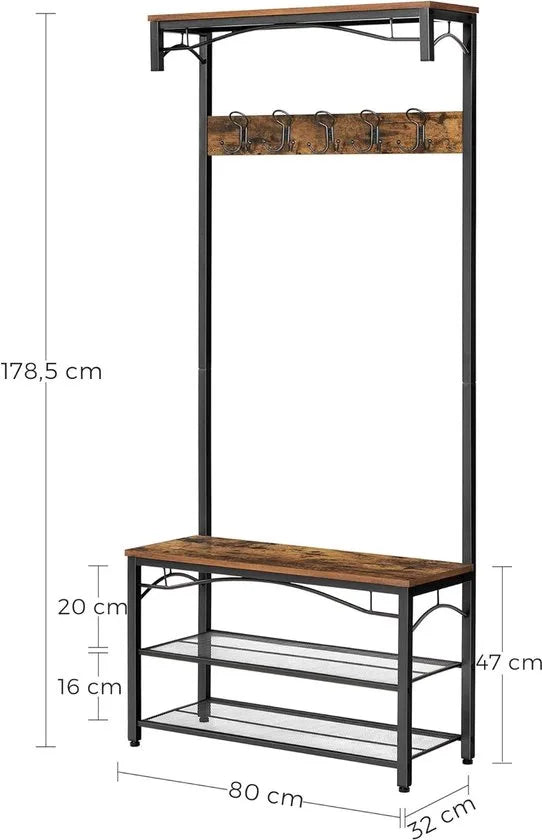 FurnStar - Kapstok - Coat Rack - Hallway Cabinet - with Top Board - Shoe Rack - Bench and 5 Double Hooks - Metal Frame - 80 x 32 x 178.8 cm - Industrial Style - Rustic Brown and Black