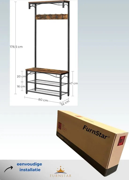 FurnStar - Kapstok - Coat Rack - Hallway Cabinet - with Top Board - Shoe Rack - Bench and 5 Double Hooks - Metal Frame - 80 x 32 x 178.8 cm - Industrial Style - Rustic Brown and Black