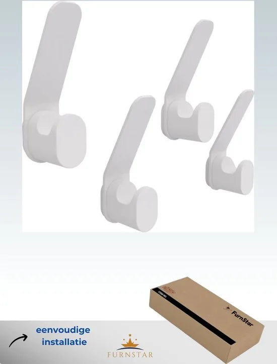 Furnstar - Kapstok haken - Ophanghaken - Handdoekhaakjes - Wandhaakjes - Roestvrij - Set van 4 stuks - Wit