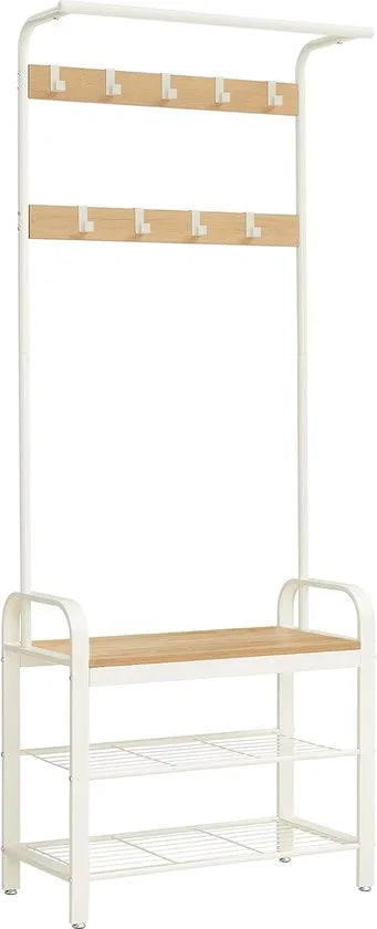 FurnStar - Kapstok - Kapstok met Schoenenopbergbank - 4 in 1 Design - met 9 Afneembare Haken - Een Kledingroede - Voor Hal - Entree - 33,7 x 72 x 183 cm - Industrieel - Zwart – Eiken + crème/wit