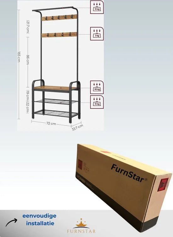 FurnStar - Kapstok - Kapstok met Schoenenopbergbank - 4 in 1 Design - met 9 Afneembare Haken - Een Kledingroede - Voor Hal - Entree - 33,7 x 72 x 183 cm - Industrieel - Zwart – Rustiek walnoot en zwart